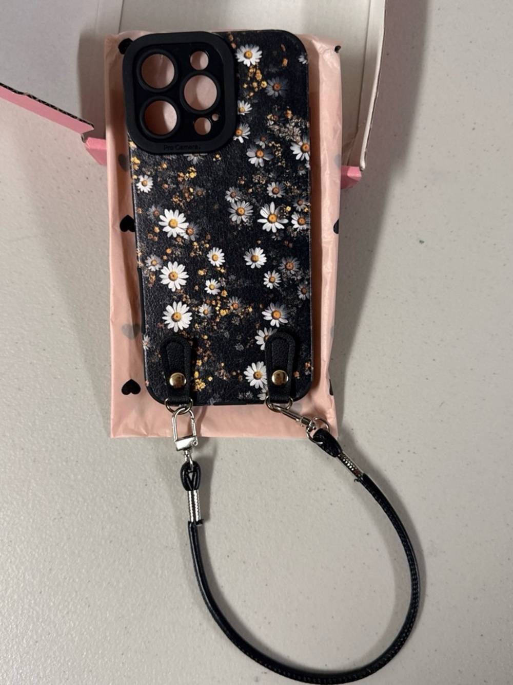 Floral Daisy Black Phone Crossbody Case with Strap